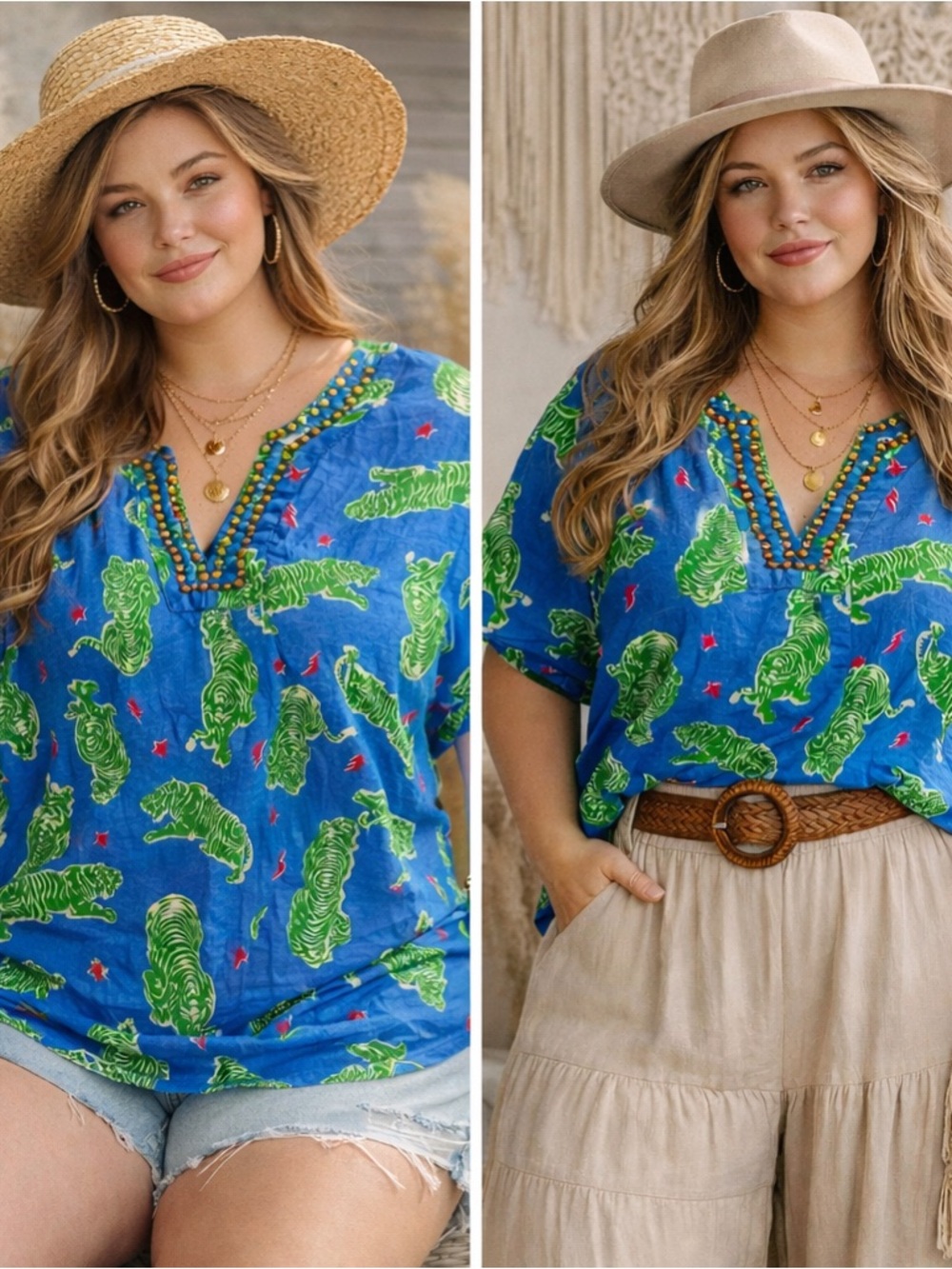 Blue & Green Printed V-Neck Beaded Tiger Top